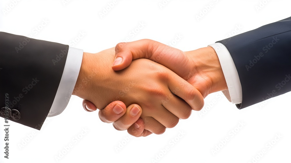 Two men shaking hands in front of a white background