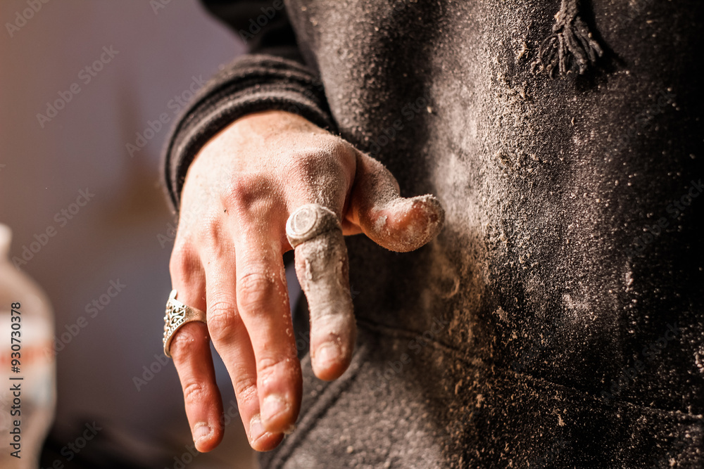 Dusty fingers of a woodworker, embellished with ornate rings, demonstrate the blend of artistry and labor in woodworking.