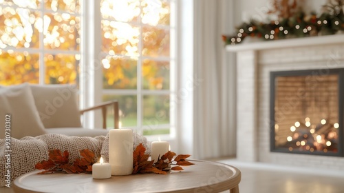 A cozy living room with a fireplace and a table with candles and leaves. Scene is warm and inviting