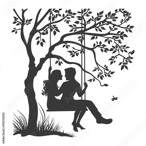 Couple Silhouetted on a Swing Hanging from a Tree