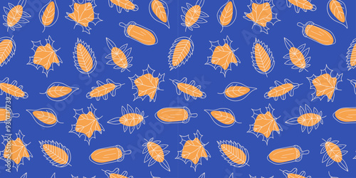 Set of autumn leaves and acorns. Leaf fall pattern, natural linear icons. Autumn season. Drawing, doodles, seamless background.