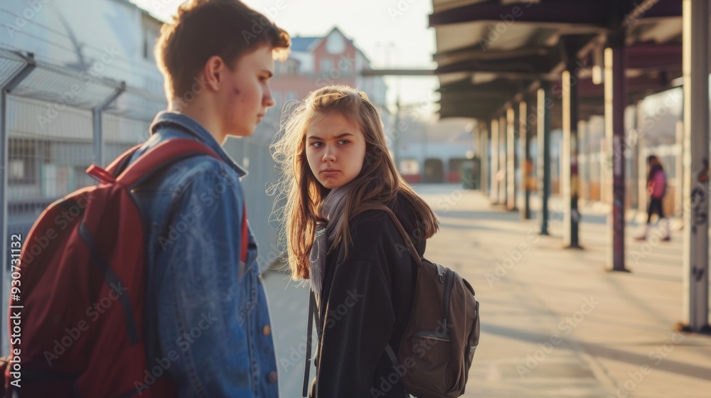 A girl and boy with backpacks standing at a train station, looking serious, possibly reflecting tension or conflict. A girl and boy with backpacks standing at a train station, looking serious, possibly reflecting tension or conflict.