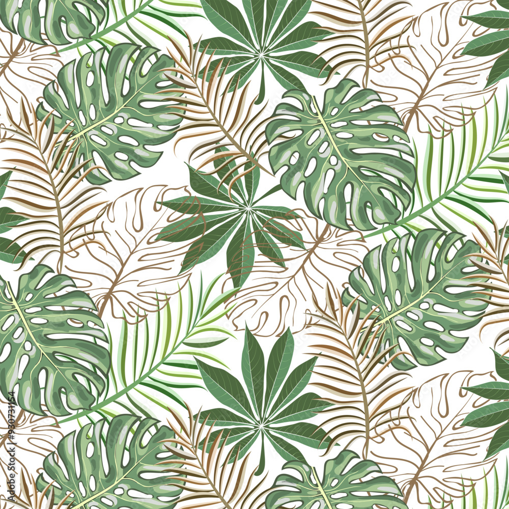 Contour and painted palm leaves.Vector seamless pattern with palm leaves on a transparent background. Contour and painted palm leaves.Vector seamless pattern with palm leaves on a transparent background.