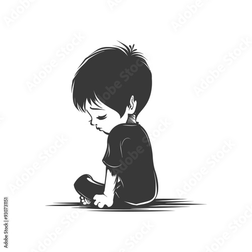 Depressed Boy Sitting with His Head Down