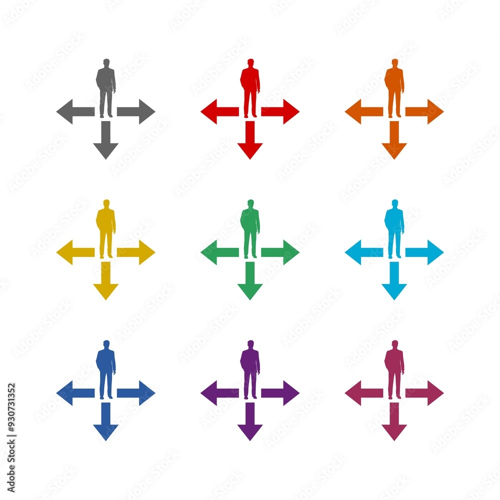 Businessman with way icon isolated on white background. Set icons colorful Businessman with way icon isolated on white background. Set icons colorful