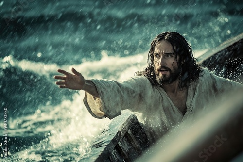 Jesus in the boat is praying inspiredly for the end of the storm, the waves are flooding the boat photo