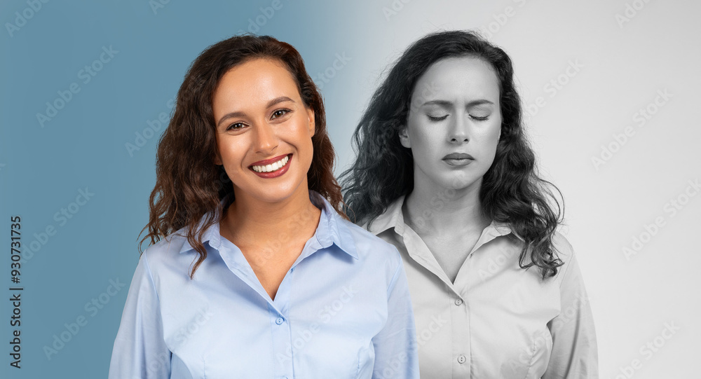 A young woman stands confidently with a bright smile while her expression is juxtaposed with a monochrome representation of sadness behind her. The complexities of human feelings. A young woman stands confidently with a bright smile while her expression is juxtaposed with a monochrome representation of sadness behind her. The complexities of human feelings.