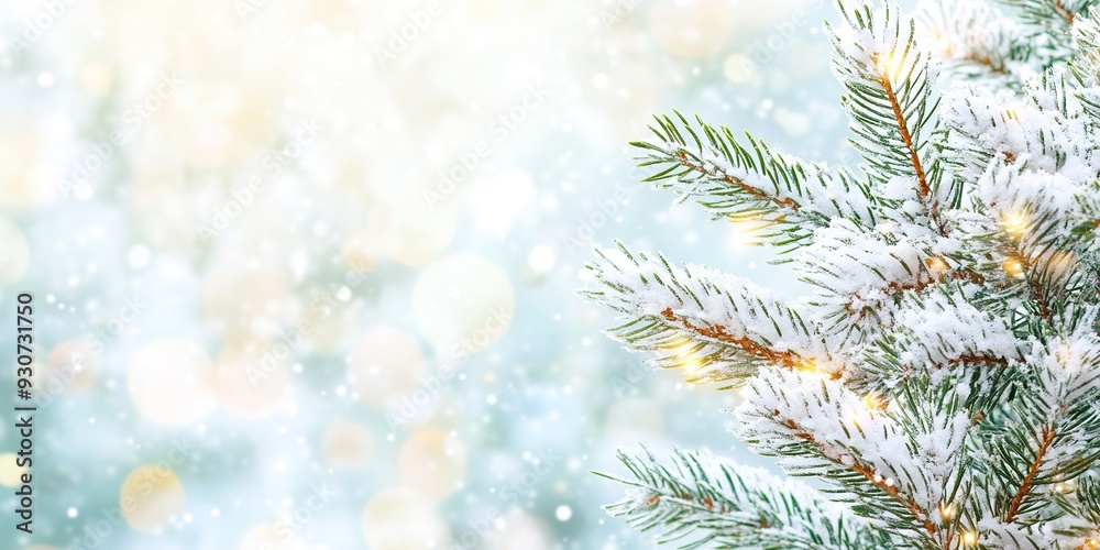 Snow-covered spruce branch on a blurred bokeh background Snow-covered spruce branch on a blurred bokeh background