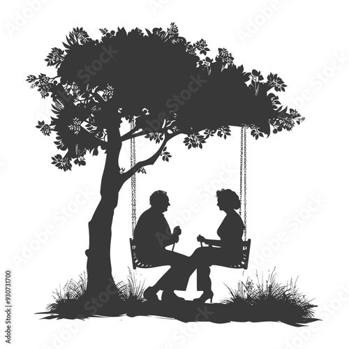 Elderly couple on a swing under a tree
