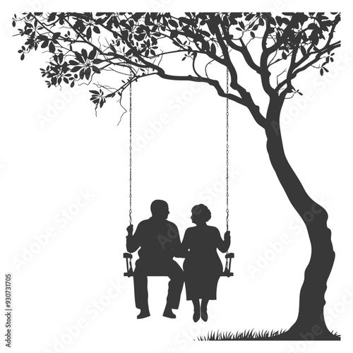 Elderly couple silhouetted on a swing under a tree