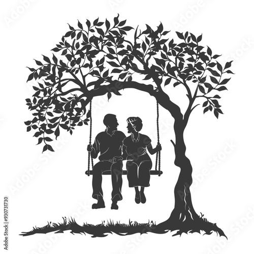 Elderly couple sitting on a swing under a tree