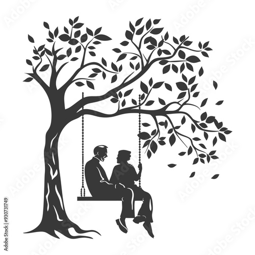 Elderly couple sitting on a swing under a tree