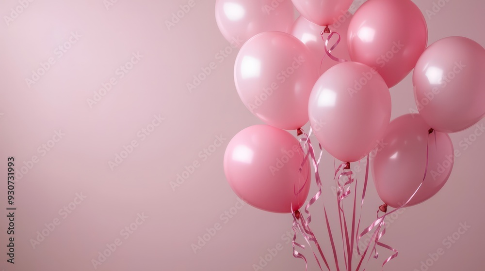 Pink balloons in a bunch on a pink background. The balloons are tied together with ribbons. Concept of celebration and joy, as the pink balloons are often associated with birthdays Pink balloons in a bunch on a pink background. The balloons are tied together with ribbons. Concept of celebration and joy, as the pink balloons are often associated with birthdays