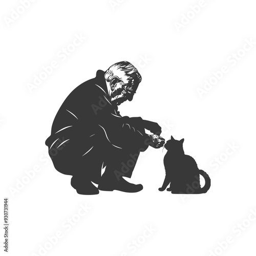 Elderly Man Feeding a Cat with His Hand