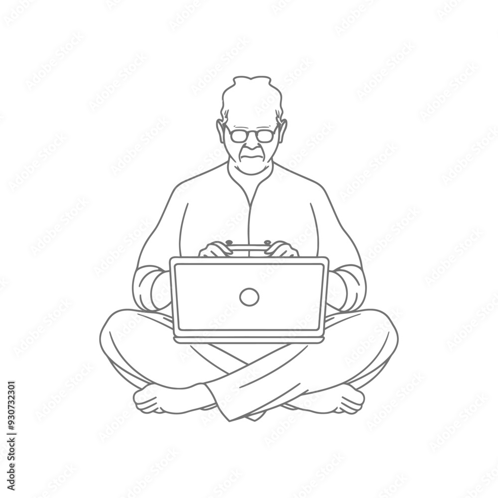 Elderly Man Sitting Cross legged Using a Laptop