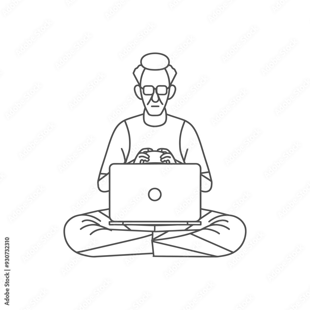 Elderly Man Sitting in Lotus Position Using Laptop Elderly Man Sitting in Lotus Position Using Laptop