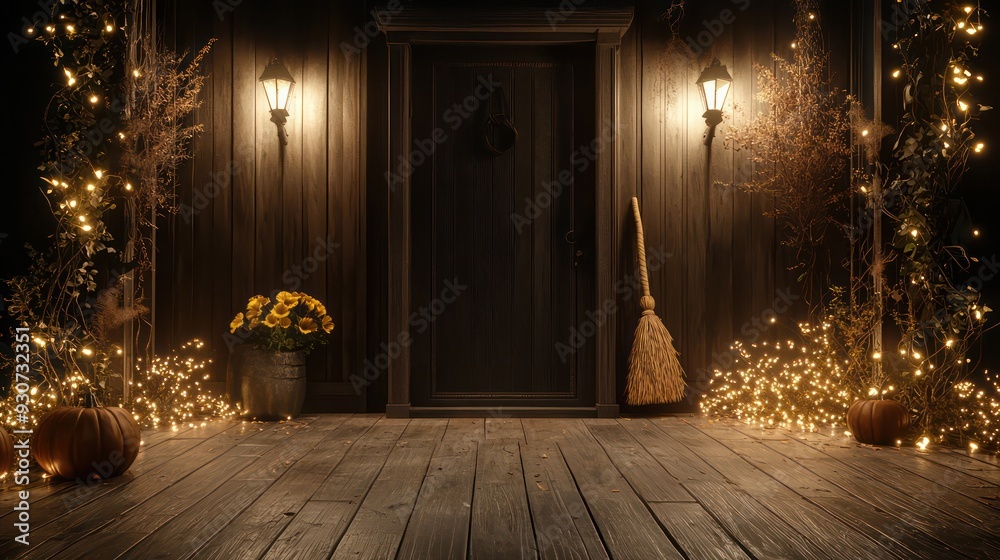 A dark wooden door with a broom leaning against it. The door is lit up by a light on the left side. The scene is set in a porch or a hallway with a few potted plants and a vase A dark wooden door with a broom leaning against it. The door is lit up by a light on the left side. The scene is set in a porch or a hallway with a few potted plants and a vase
