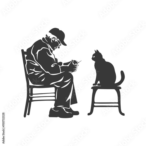 Elderly Man Sitting on a Chair with a Cat on a Stool