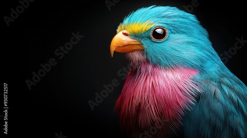 A colorful bird with a blue head and pink and yellow feathers. The bird is looking directly at the camera