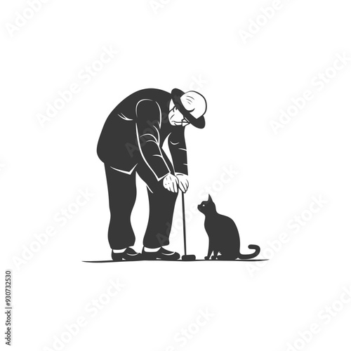 Elderly man with a cane looking at a cat
