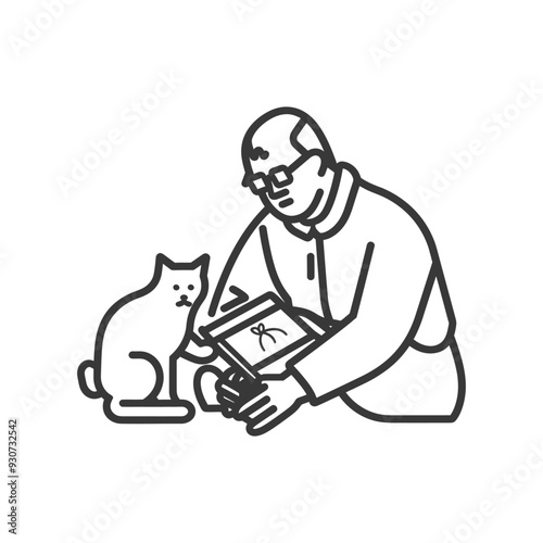 Elderly Man with Cat Looking at a Tablet