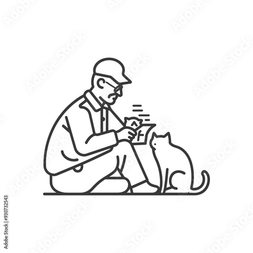 Elderly Man with Glasses and Cap Looking at a Photograph with a Cat Beside Him