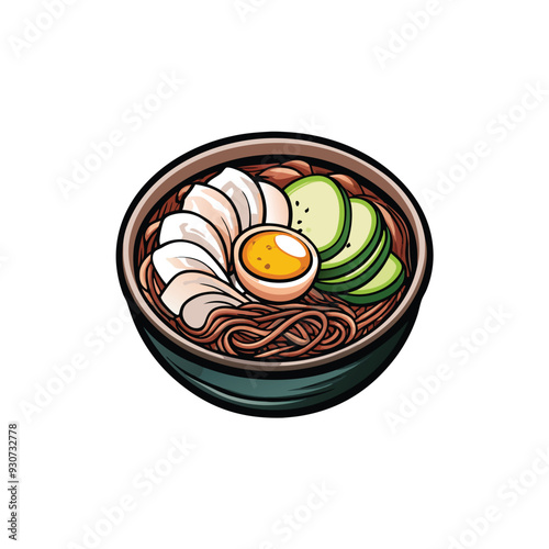 Illustration of a bowl of naengmyeon, a popular Korean cold buckwheat noodle dish.