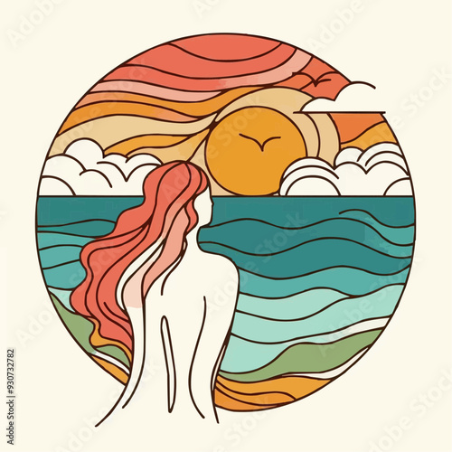 A drawing of a woman and sun with the sun behind her, girl on the beach