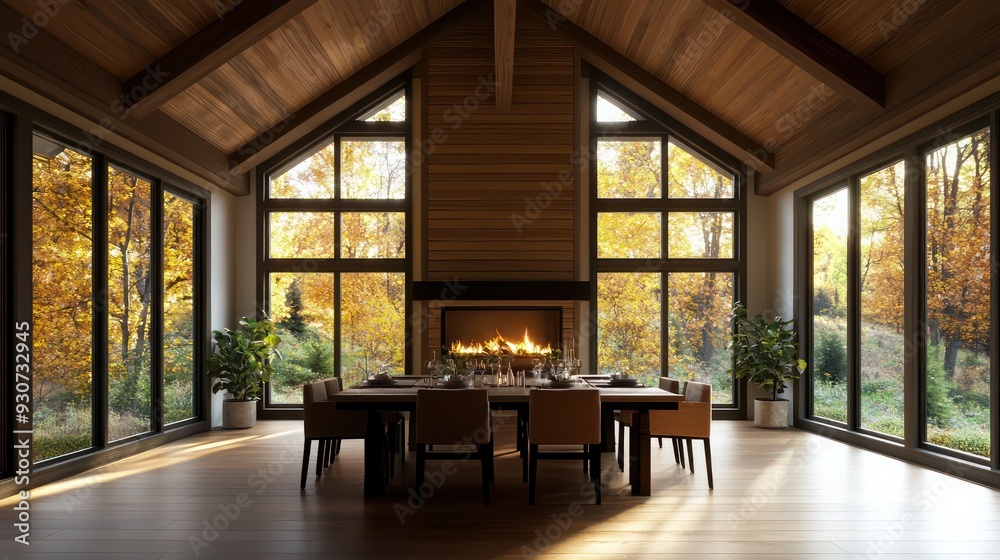 Fototapeta premium A large, open living room with a fireplace and a long dining table. The room is filled with natural light and has a warm, inviting atmosphere