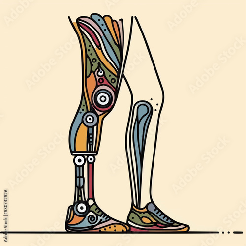 A drawing of a woman and a drawn prosthetic leg.