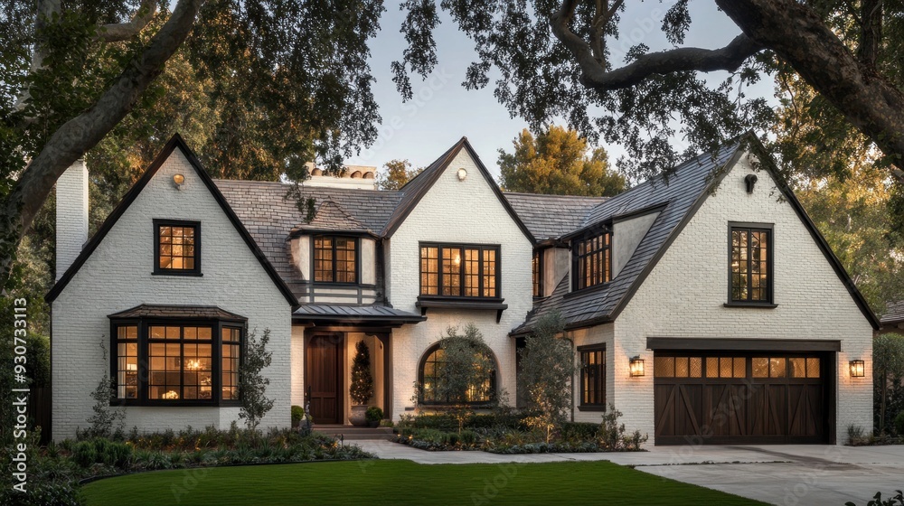 Front view of white colonial style suburban house with large garage Front view of white colonial style suburban house with large garage
