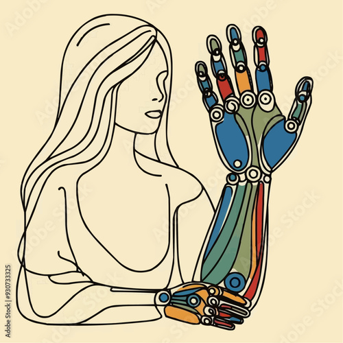 Smiling girl with prosthetic hand. Vector illustration