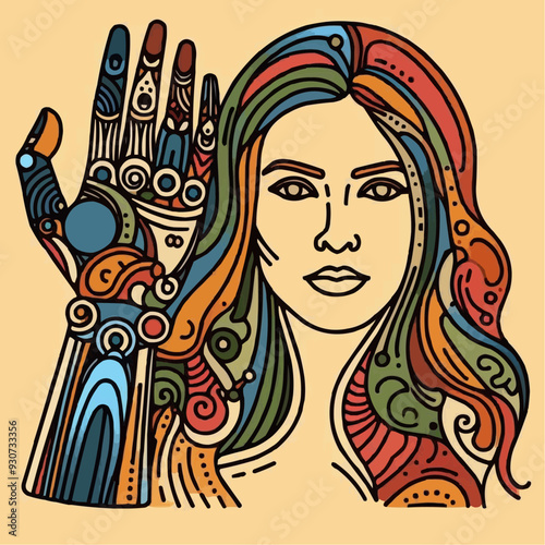 Smiling girl with prosthetic hand. Vector illustration