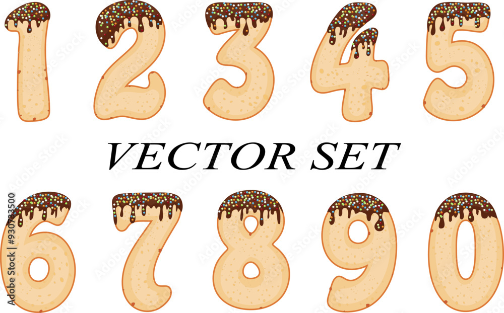 Cookies in the form of numbers.Vector collection of cookies in the form of numbers with chocolate icing and colorful sprinkles. Cookies in the form of numbers.Vector collection of cookies in the form of numbers with chocolate icing and colorful sprinkles.