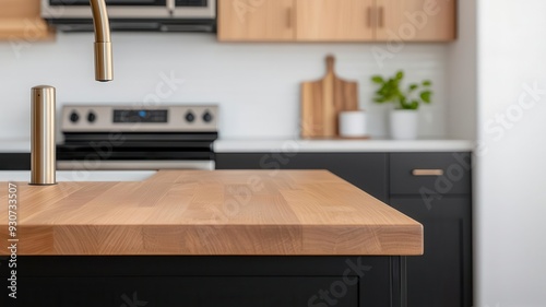 Midcentury modern kitchen island with teak countertop, sleek appliances, and minimalist design, midcentury modern, teak kitchen island