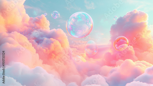 Rainbow Colored Soap Bubbles Cloudscape Background. Fluffy Soothing Unicorn Fairytale Wallpaper. Pink Sunset, Sunrise over Water. Rainbow Airy Flying Soap Bubbles. Gradient Sky Romantic Cloudscape.
