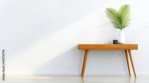 Minimalist midcentury modern hallway with teak console table and stylish decor, midcentury modern, teak hallway