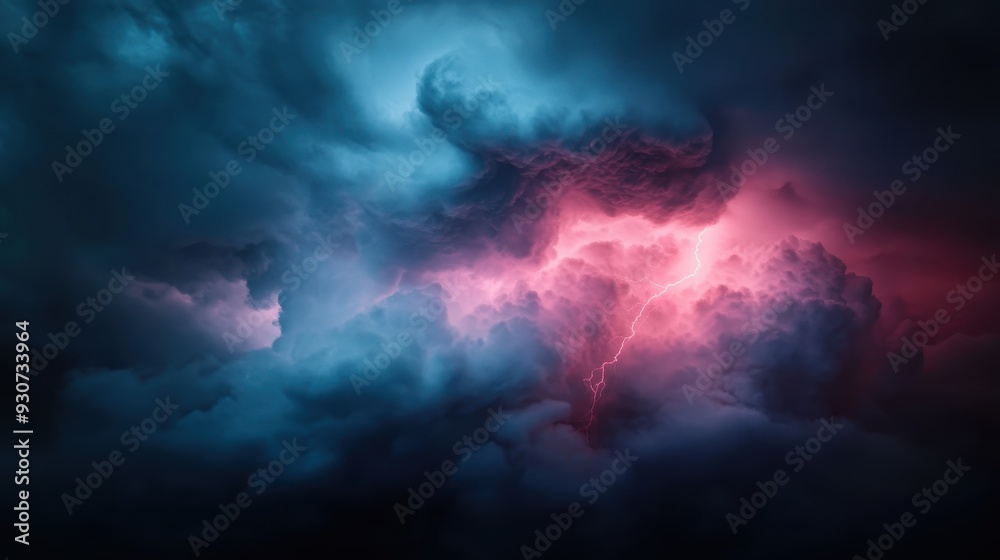 An intense view of dark stormy clouds with a vibrant pink and purple lightning strike cutting through the sky, creating a dramatic and powerful atmospheric scene. An intense view of dark stormy clouds with a vibrant pink and purple lightning strike cutting through the sky, creating a dramatic and powerful atmospheric scene.