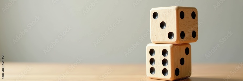 Two wooden dice stacked on a table, symbolizing chance, strategy, and gaming. Ideal for concepts related to risk, probability, and decision-making. Two wooden dice stacked on a table, symbolizing chance, strategy, and gaming. Ideal for concepts related to risk, probability, and decision-making.