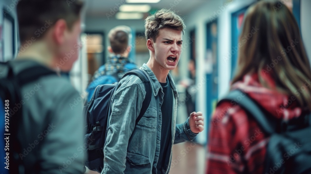 Teenager angrily shouting at peers in a school hallway, expressing frustration and conflict in a tense confrontation. Teenager angrily shouting at peers in a school hallway, expressing frustration and conflict in a tense confrontation.