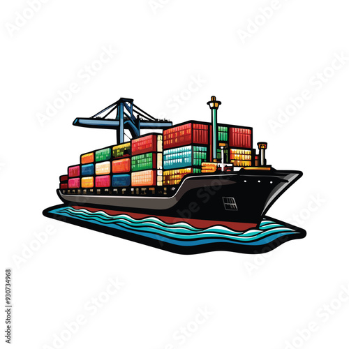 Illustration of a detailed cargo ship with colorful shipping containers.