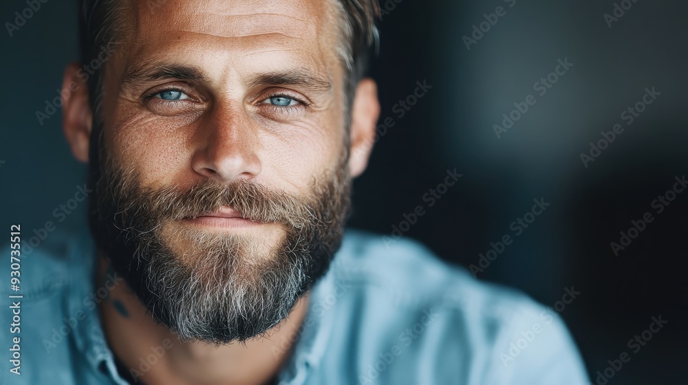 A bearded man in a blue shirt smiles warmly at the camera against a soft light background. The image radiates comfort and friendliness, capturing a candid moment of joy. A bearded man in a blue shirt smiles warmly at the camera against a soft light background. The image radiates comfort and friendliness, capturing a candid moment of joy.