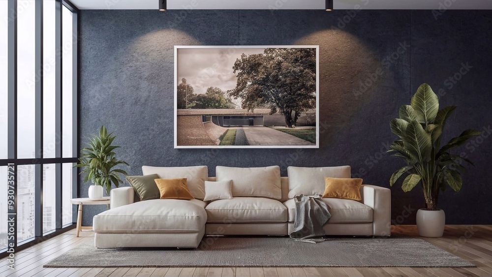 Modern living room interior with a large sofa. Living room design project. Modern living room interior with a large sofa. Living room design project.