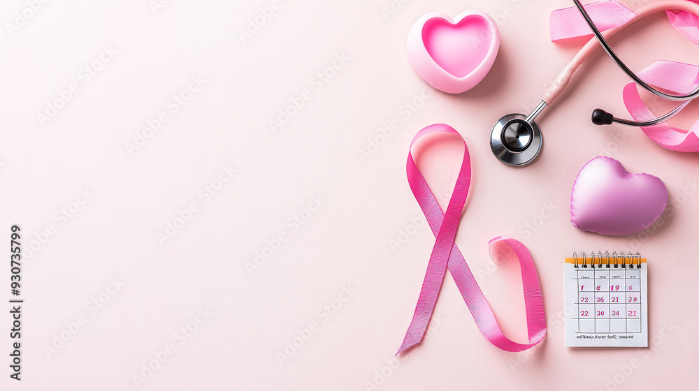 Pink ribbon, stethoscope, hearts, and calendar on a light background, symbolizing breast cancer awareness and health. Pink ribbon, stethoscope, hearts, and calendar on a light background, symbolizing breast cancer awareness and health.