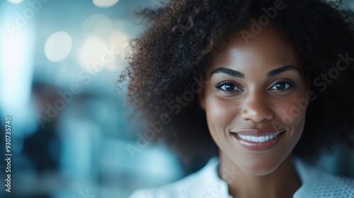 A close-up of a woman with a joyful smile and natural hair, standing in an office environment, symbolizing happiness and professionalism in the workplace. photo