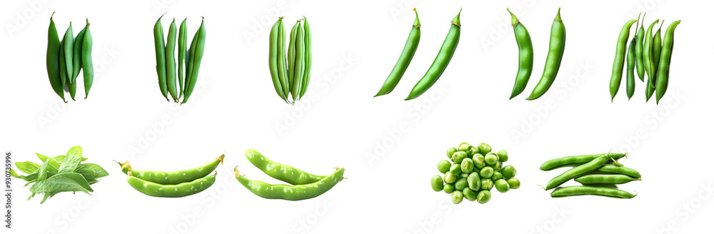 Fresh green peas, pods, and leaves displayed in various arrangements. vibrant green color evokes freshness and health. Fresh green peas, pods, and leaves displayed in various arrangements. vibrant green color evokes freshness and health.