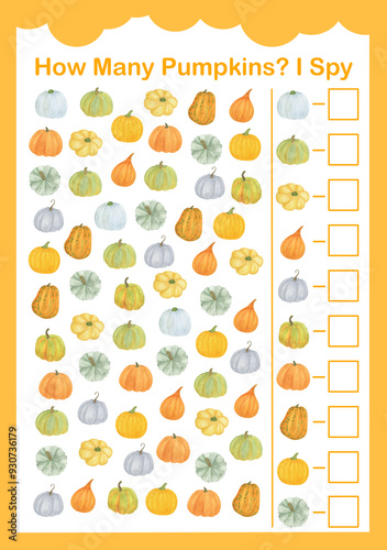 Autumn I spy, How many pumpkins counting educational game for kids with vegetables, watercolor illustration, educational puzzle, printable worksheet for kids, leisure or study game, teachers resources