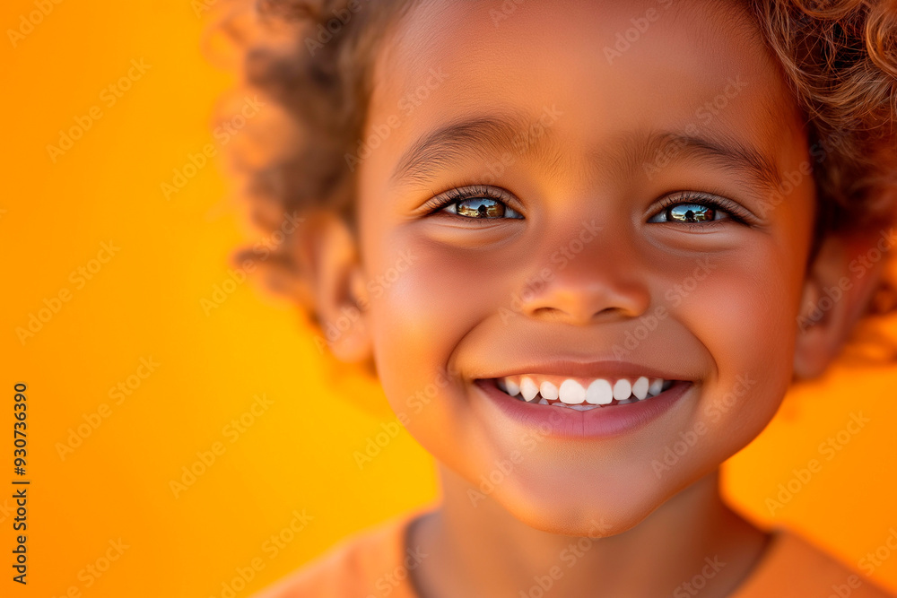 Smiling child with curly hair in front of a bright orange background Smiling child with curly hair in front of a bright orange background