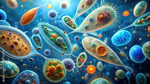 Microscopic view of colorful protozoa, including paramecia and amoebas, swimming in a clear blue aquarium water background with visible cells and microorganisms. photo