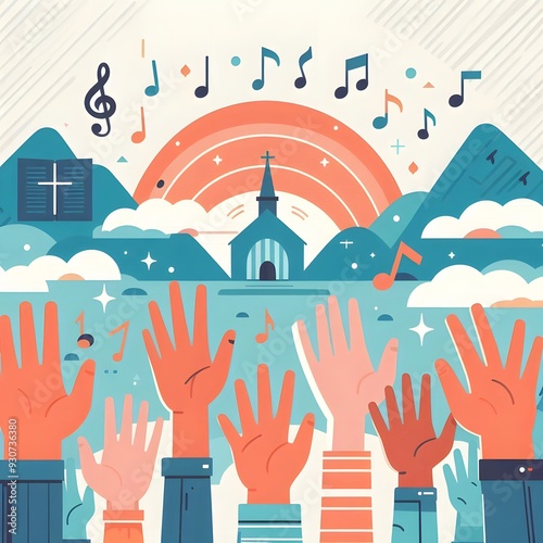 hands raised for worship praying to look peace and music concept flat vector illustration design